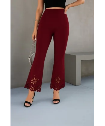 Kadın Yüksek Bel Paçaya Doğru Genişleyen Lazer çiçek Kesim Detaylı Ithal Krep Pantolon