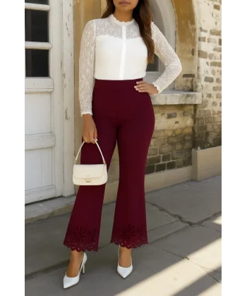 Kadın Yüksek Bel Paçaya Doğru Genişleyen Lazer çiçek Kesim Detaylı Ithal Krep Pantolon