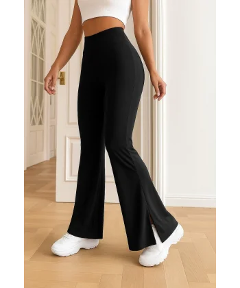 Kadın Yüksek Bel Paçaya Doğru Genişleyen Yandan Yırtmaçlı Dalgıç Pantolon