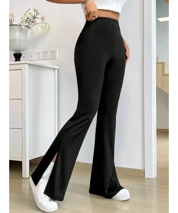 Kadın Yüksek Bel Paçaya Doğru Genişleyen Yandan Yırtmaçlı Dalgıç Pantolon