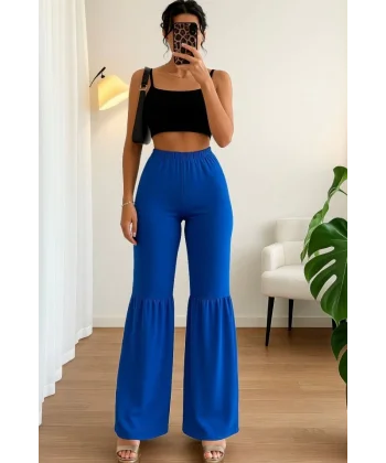 Kadın Yüksek Bel Parça Detay Bol Paça Pantolon