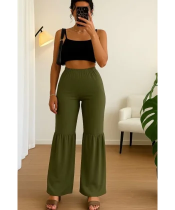 Kadın Yüksek Bel Parça Detay Bol Paça Pantolon
