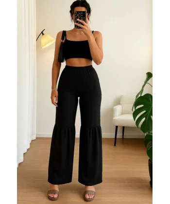 Kadın Yüksek Bel Parça Detay Bol Paça Pantolon