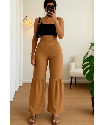 Kadın Yüksek Bel Parça Detay Bol Paça Pantolon
