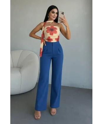 Kadın Yüksek Bel Plise Detay Bol Paça Pantolon