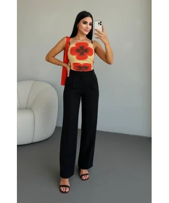 Kadın Yüksek Bel Plise Detay Bol Paça Pantolon