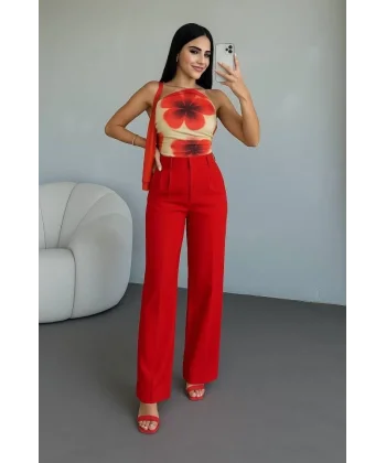 Kadın Yüksek Bel Plise Detay Bol Paça Pantolon