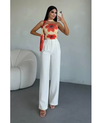 Kadın Yüksek Bel Plise Detay Bol Paça Pantolon