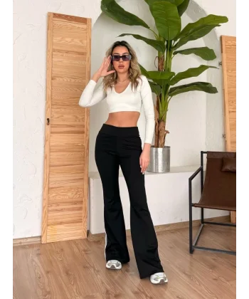 Kadın Yüksek Bel şerit Detaylı Ispanyol Paçalı Dalgıç Pantolon