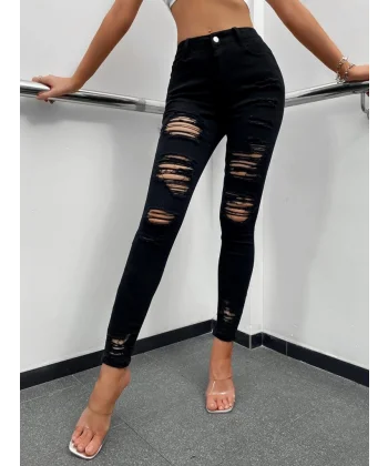 Kadın Yüksek Bel Slim Fit Lazer Kesim Yırtık Pantolon