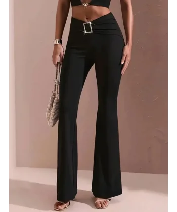 Kadın Yüksek Bel Tokalı Ispanyol Paçalı Dalgıç Pantolon