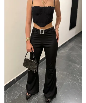 Kadın Yüksek Bel Tokalı Ispanyol Paçalı Dalgıç Pantolon