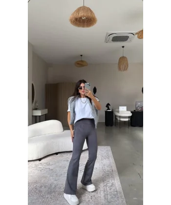 Kadın Yüksek Bel üet Kumaş Ispanyol Paça Detay Pantolon