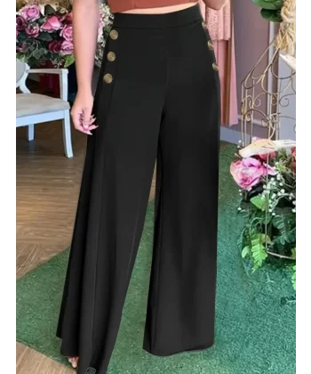 Kadın Yüksek Bel Yan Düğme Detaylı Geniş Paçalı Ithal Krep Pantolon