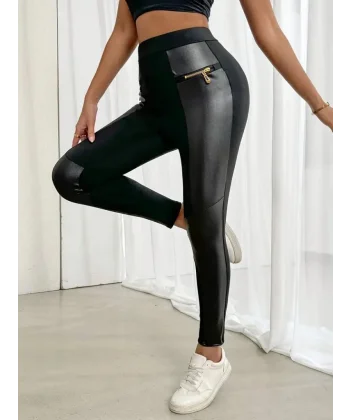 Kadın Yüksek Bel Yan şerit Deri Detay Fermuarlı Dalgıç Tayt