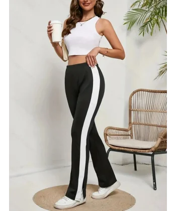 Kadın Yüksek Bel Yan şerit Detaylı Yırtmaçlı Viskon Iki Iplik Pantolon