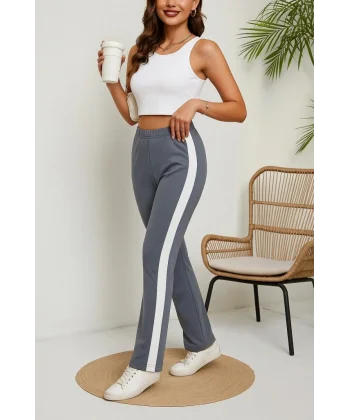 Kadın Yüksek Bel Yan şerit Detaylı Yırtmaçlı Viskon Iki Iplik Pantolon