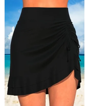 Kadın Yüksek Bel Yandan Büzgülü Fırfırlı Kısa Sandy Etek