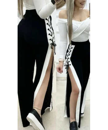 Kadın Yüksek Bel Yandan çapraz Bağcıklı Yırtmaçlı Viskon Iki Iplik Pantolon