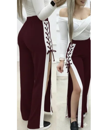 Kadın Yüksek Bel Yandan çapraz Bağcıklı Yırtmaçlı Viskon Iki Iplik Pantolon