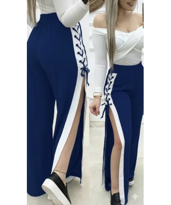 Kadın Yüksek Bel Yandan çapraz Bağcıklı Yırtmaçlı Viskon Iki Iplik Pantolon