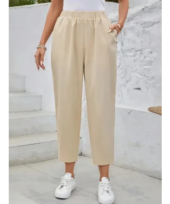 Kadın Yüksek Bel Yandan Cepli Düğme Detaylı Geniş Kesim Ithal Krep Pantolon