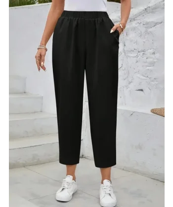 Kadın Yüksek Bel Yandan Cepli Düğme Detaylı Geniş Kesim Ithal Krep Pantolon