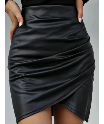 Kadın Yüksek Bel Yandan Fermuarlı Pileli Mini Deri Etek
