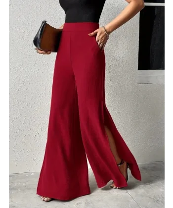 Kadın Yüksek Bel Yandan Fermuarlı Yırtmaçlı Geniş Paçalı Aerobin Pantolon