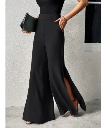 Kadın Yüksek Bel Yandan Fermuarlı Yırtmaçlı Geniş Paçalı Aerobin Pantolon