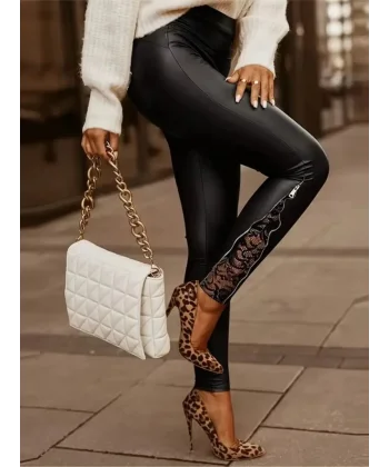 Kadın Yüksek Bel Yandan Yırtmaçlı Dantel Detaylı Deri Tayt