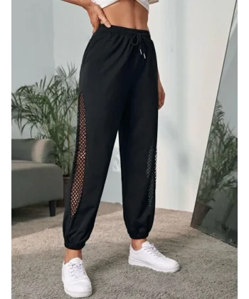 Kadın Yüksek Bel Yanı Kuşgözu Transparan Detay Eşofman Altı