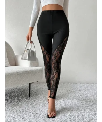 Kadın Yüksek Bel Yanlardan Dantel Detaylı Dalgıç Tayt