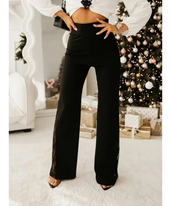 Kadın Yüksek Bel Yanlardan Dantelli Paçaya Doğru Geniş Kesim Detaylı Ithal Krep Pantolon