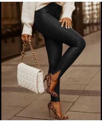 Kadın Yüksek Bel Yanlardan Incili Yırtmaçlı Uzun Deri Tayt