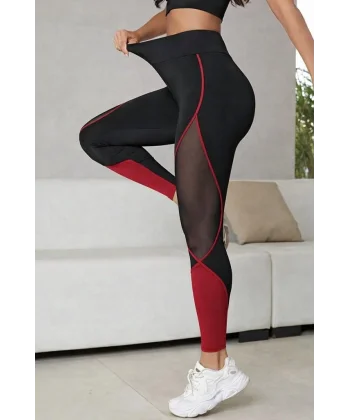 Kadın Yüksek Bel Yanlardan Tül Detaylı çift Renkli Spor Dalgıç Tayt