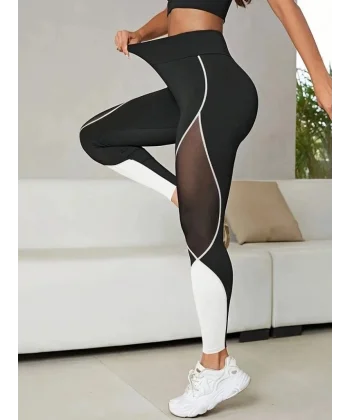 Kadın Yüksek Bel Yanlardan Tül Detaylı çift Renkli Spor Dalgıç Tayt