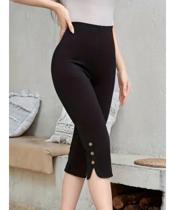 Kadın Yüksek Bel Yanlardan Yırtmaçlı Ve Düğmeli Kapri Tayt