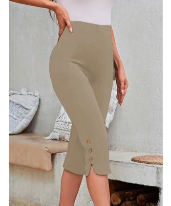 Kadın Yüksek Bel Yanlardan Yırtmaçlı Ve Düğmeli Kapri Tayt