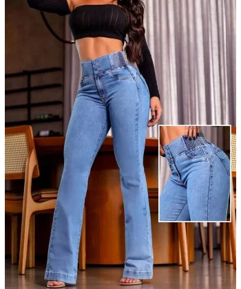 Kadın Yüksek Bel Yanları Lastik önü Düğmeli Kot Pantolon