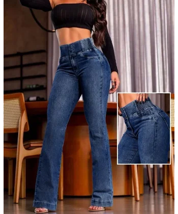 Kadın Yüksek Bel Yanları Lastik önü Düğmeli Kot Pantolon