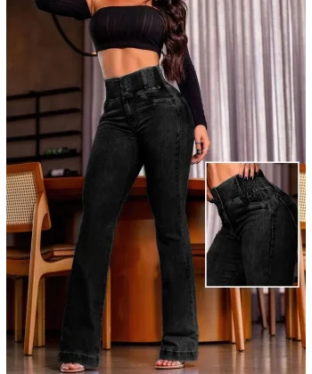 Kadın Yüksek Bel Yanları Lastik önü Düğmeli Kot Pantolon