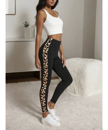 Kadın Yüksek Bel Yanları Leopar şerit Detay Dalgıç Tayt