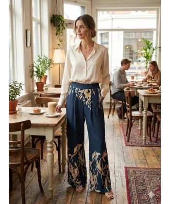 Kadın Yüksek Bel Yaprak Desenli Salaş Pantolon