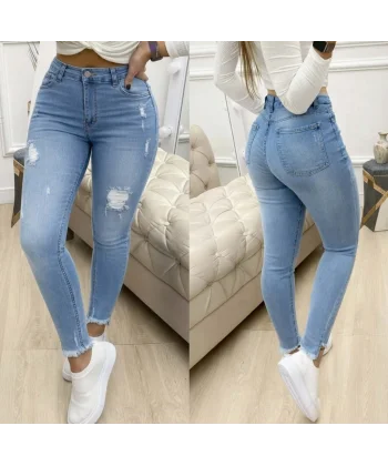 Kadın Yüksek Bel Yırtık Desenli Skınny Kot Pantolon