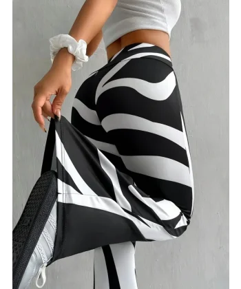 Kadın Yüksek Bel Zebra Desenli Dalgıç Tayt