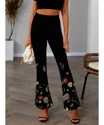 Kadın Yüksek Belli çiçek Desenli Ispanyol Paçalı Dalgıç Tayt Pantolon