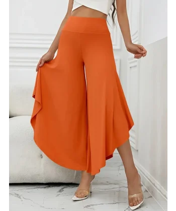 Kadın Yüksek Belli Geniş Paçalı Yanlardan Açık Sandy Pantolon