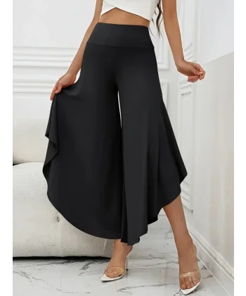 Kadın Yüksek Belli Geniş Paçalı Yanlardan Açık Sandy Pantolon