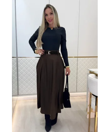 Kadın Yüksek Belli Maxi Deri Kemersiz Etek